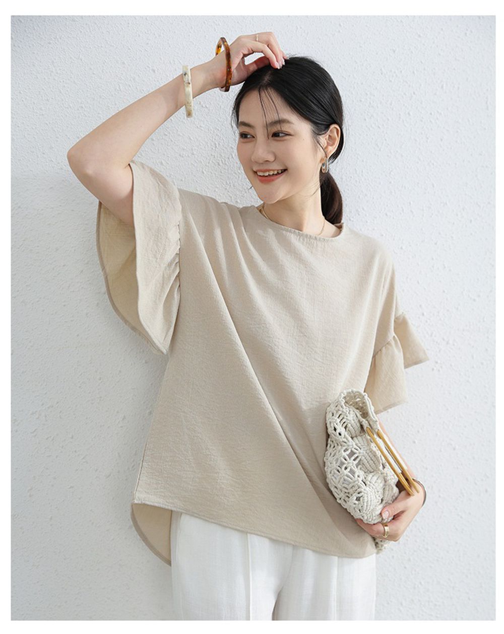 簡約優雅寬袖上衣-荷葉款-杏色 (F)