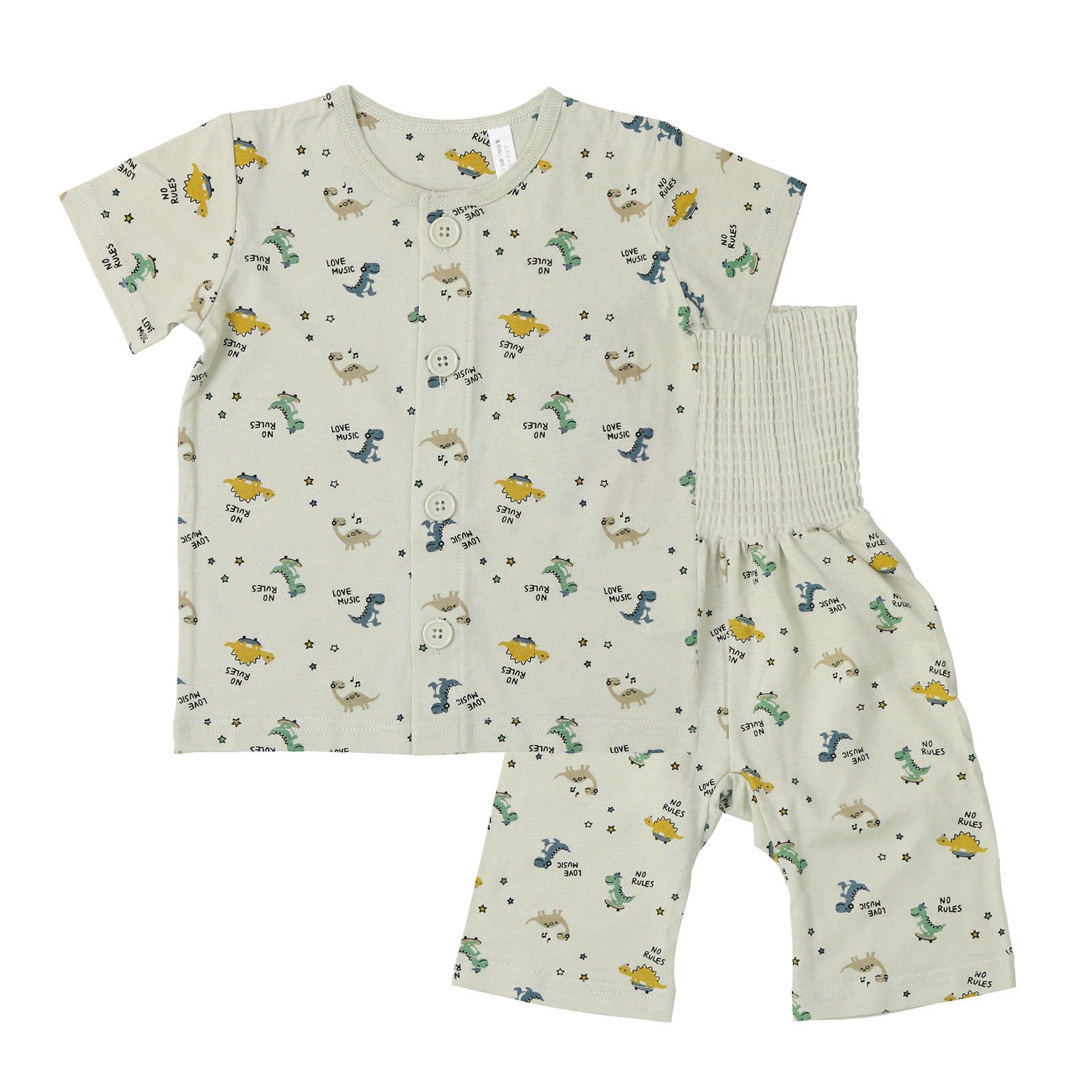 日本 ZOOLAND - 天竺棉鈕扣式腹卷短袖家居服/睡衣-小恐龍-灰綠