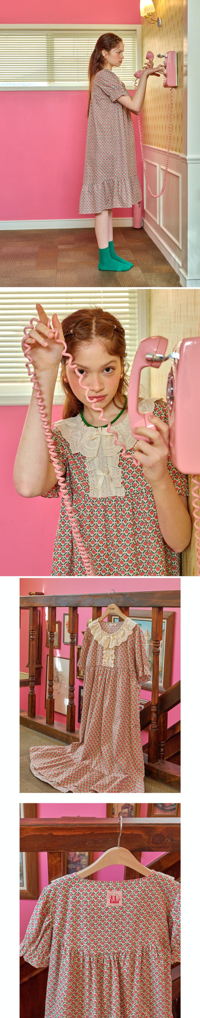 韓國 ULLALA - 花印領口蕾絲拼接短袖睡裙-粉紅花 (FREE)