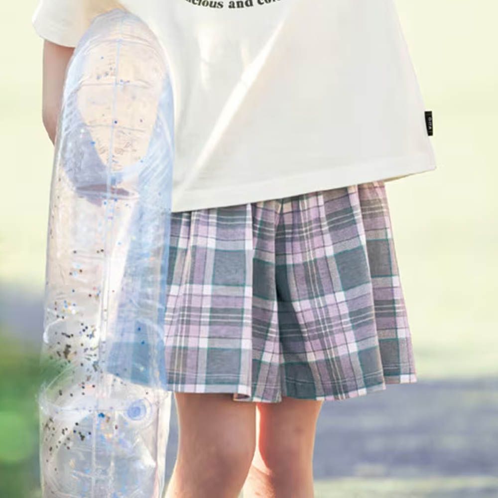 GITA 純棉薄涼傘狀短褲-格紋-灰x紫