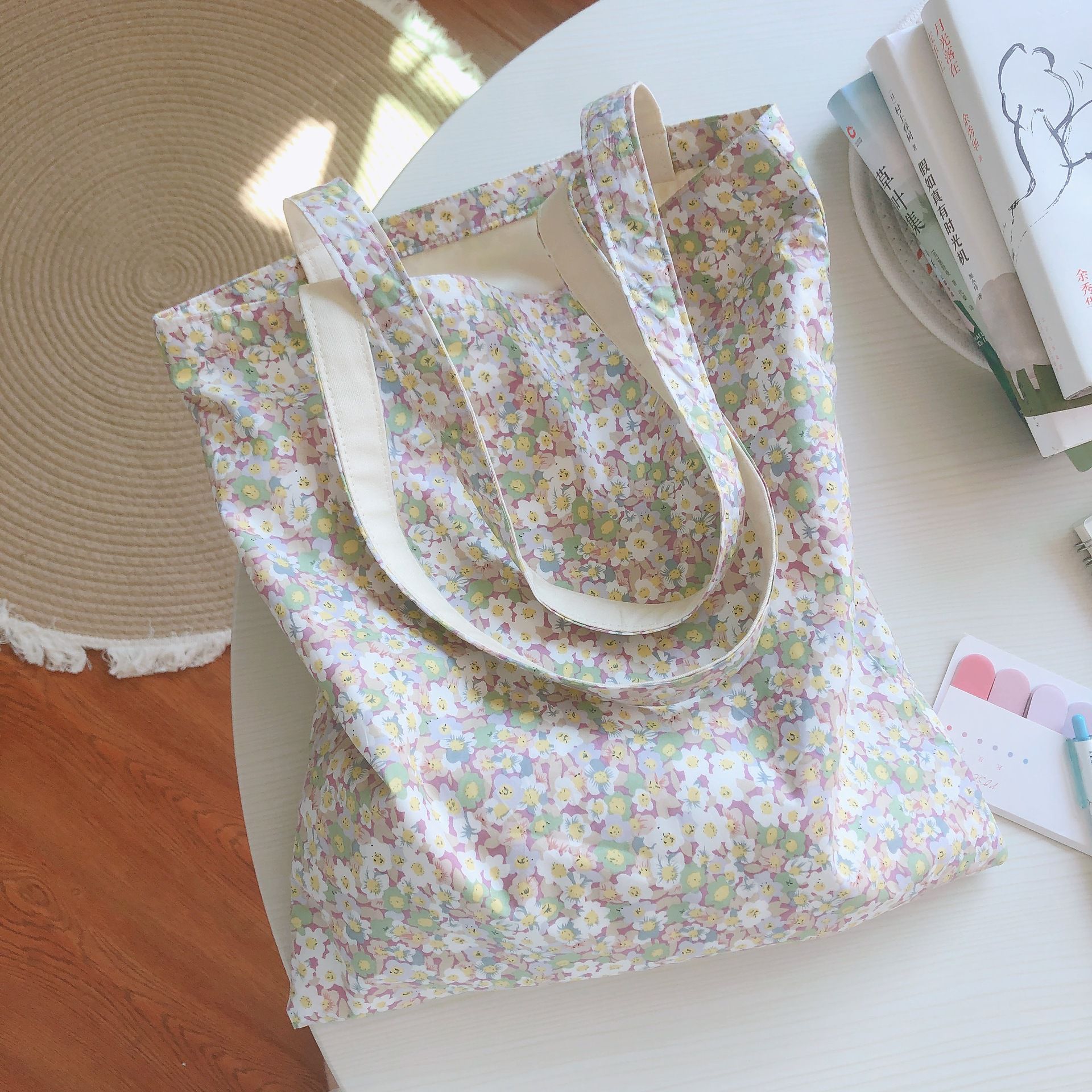 碎花單肩手提帆布袋-淺紫X米花 (37*35cm)