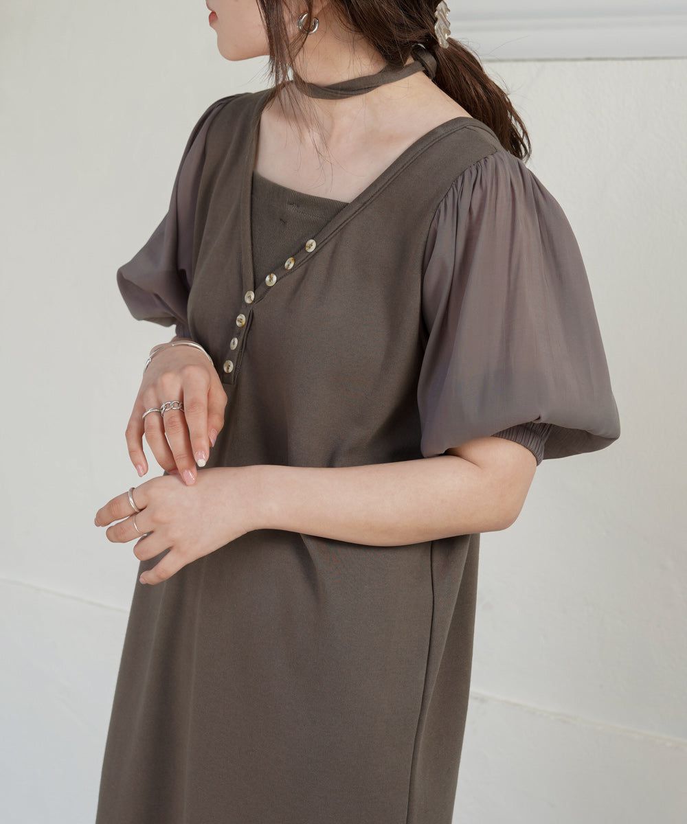 日本 Bab - 優雅綁帶V領泡泡袖洋裝-淺摩卡