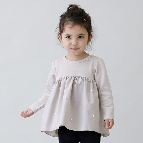 日本 petit main - 珍珠點綴傘狀拼接長袖上衣-淺粉