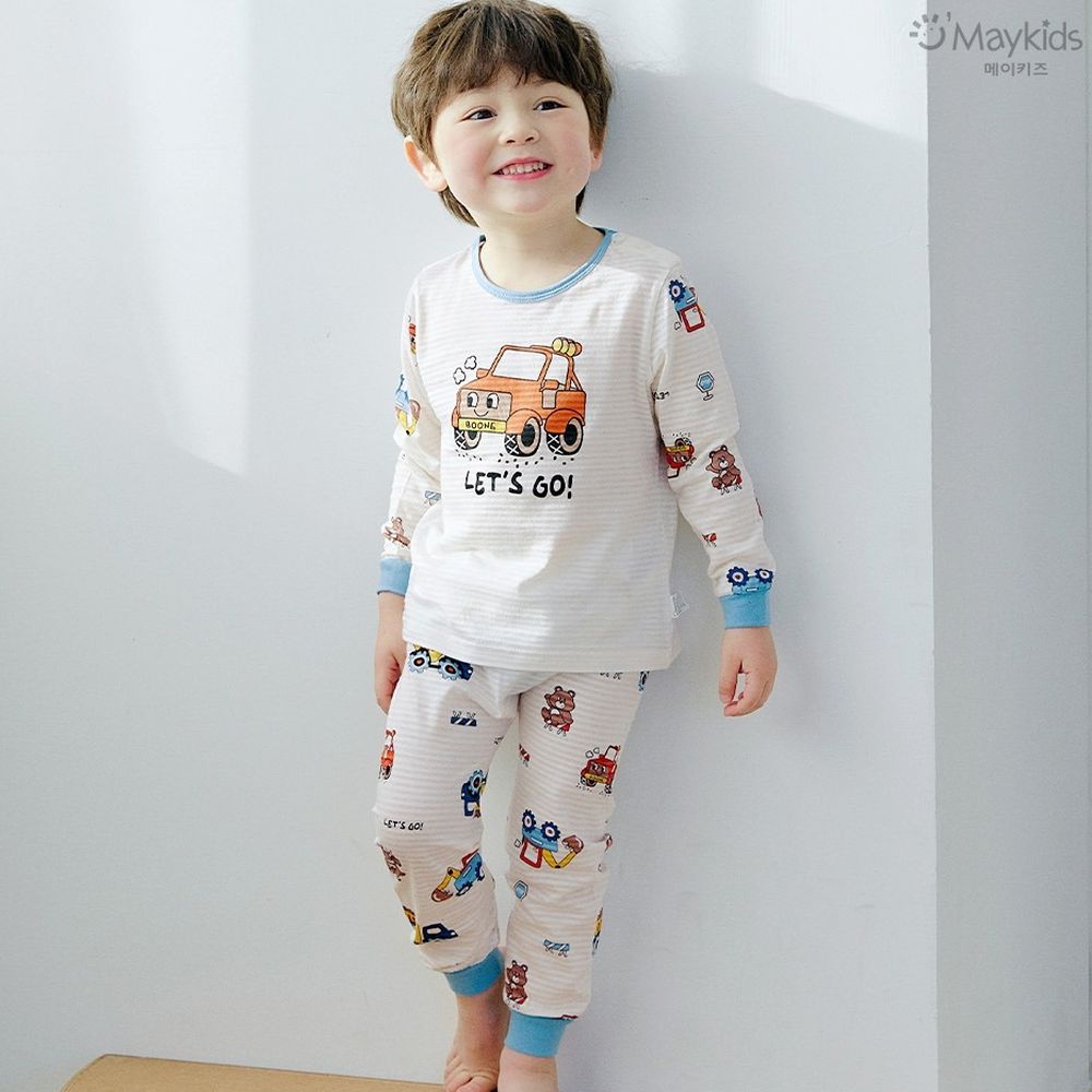 透氣條紋提花棉長袖家居服-Let's go!車車-米X天藍