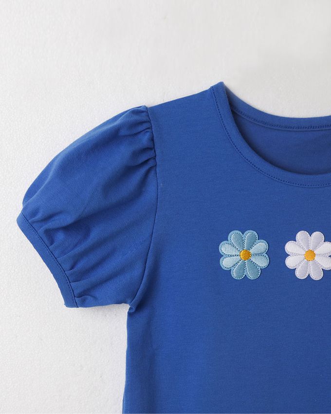 韓國 OZKIZ - 刺繡圓花裝飾層次短袖套裝-寶藍X白