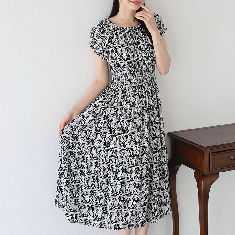 一字領2way露肩迷人短袖洋裝-典雅葉子-黑 (M)