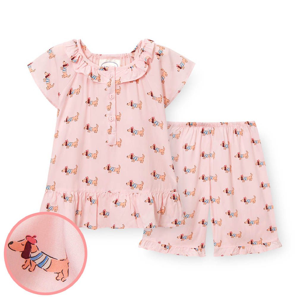 (女寶)輕柔嫘縈短袖睡衣套裝-臘腸狗-粉