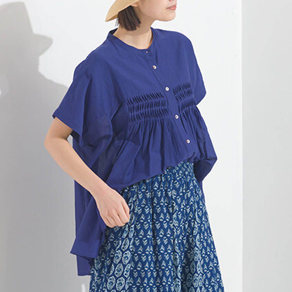 100%印度棉 皺摺傘狀短袖襯衫-寶石藍