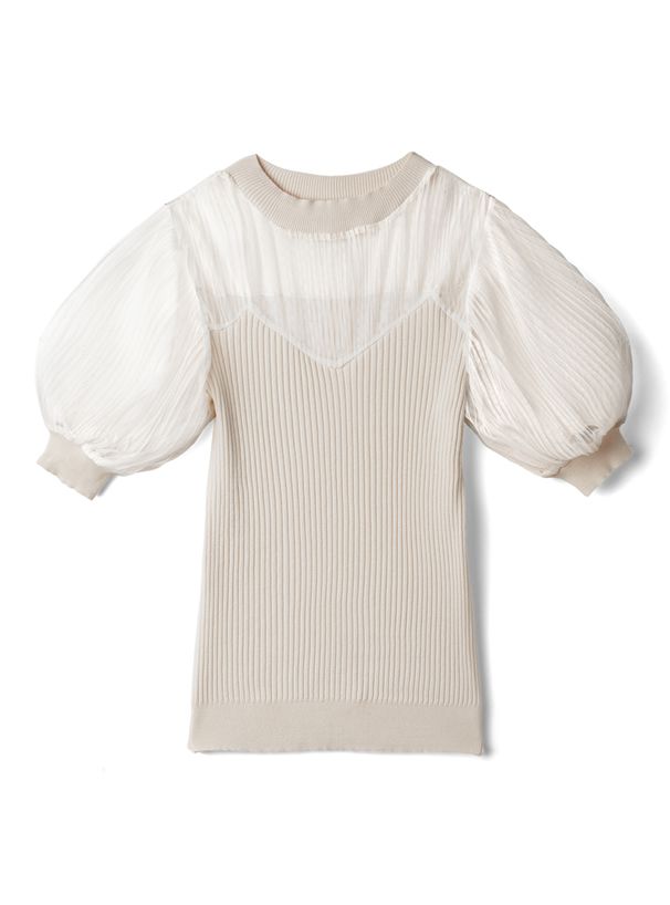 日本 GRL - 薄紗透膚異材質拼接澎澎袖短袖上衣-米