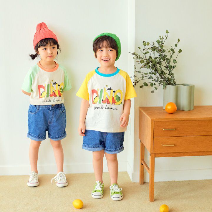 韓國 Hanab - DINO王國拼接色純棉T-黃