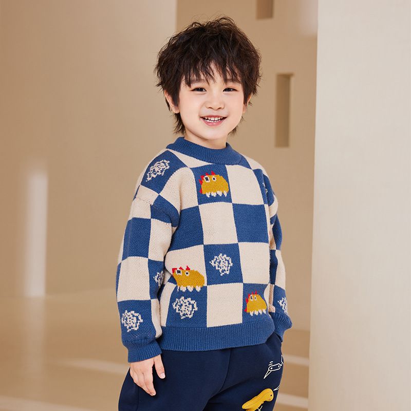 圓領保暖針織長袖上衣/毛衣-拼色格紋恐龍-藍色