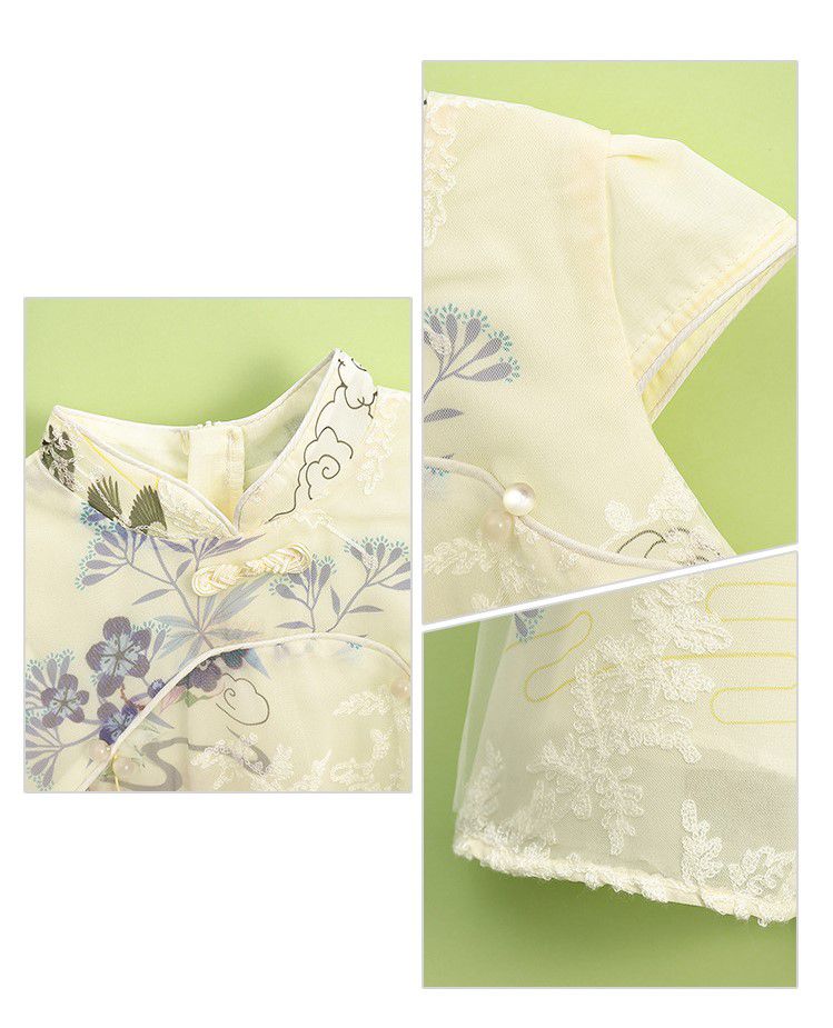 漢服風網紗旗袍短袖洋裝-米白色