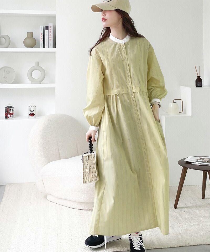 日本 Classical Elf - 修身立領泡泡袖襯衫洋裝-直條紋-海軍藍