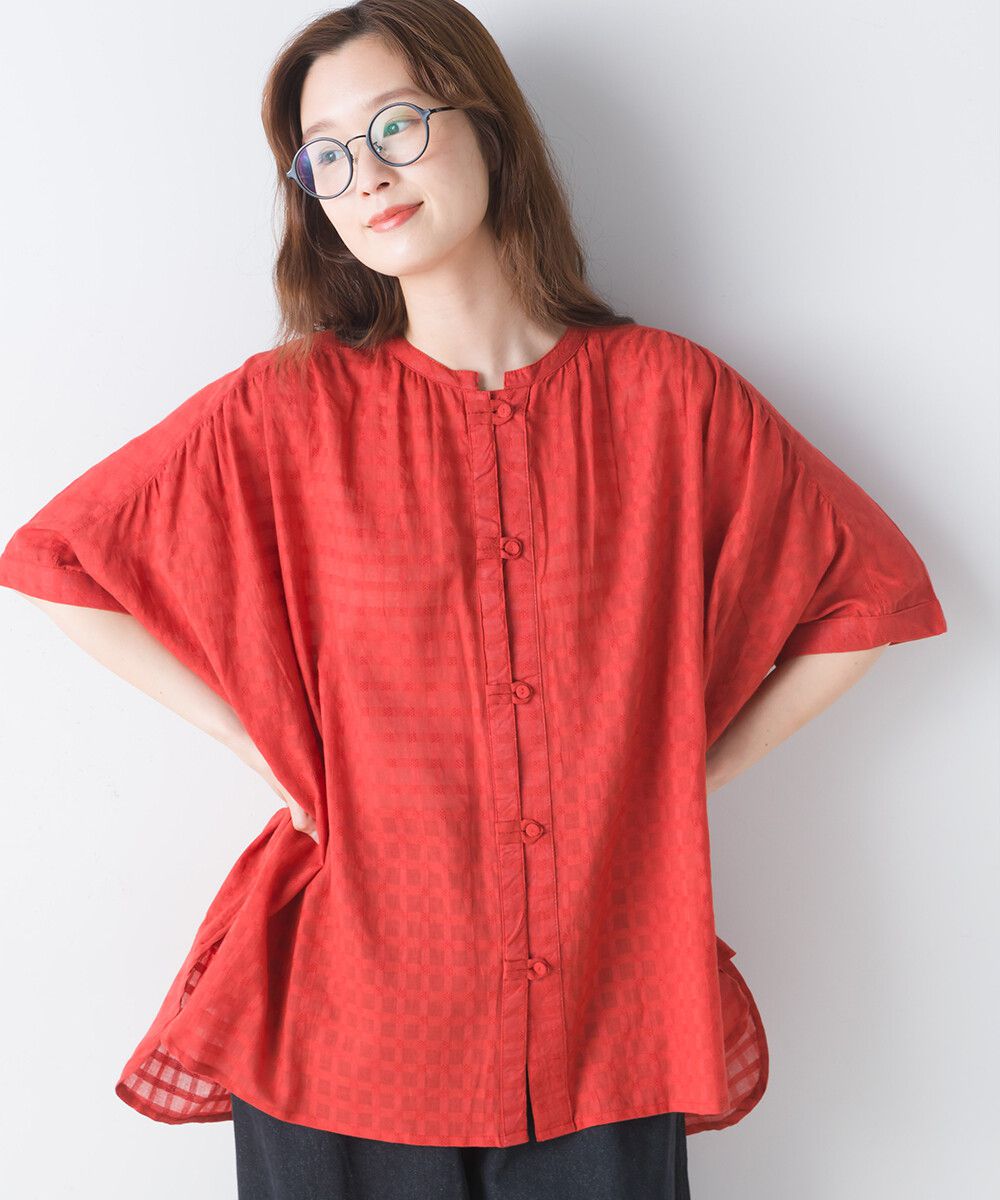 日本女裝代購 - 100%印度棉 透氣淺格紋短袖襯衫-活力紅