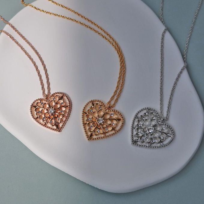 日本 Melody Accessory - 日本製 古典鏤空心形寶石長項鍊-玫瑰金