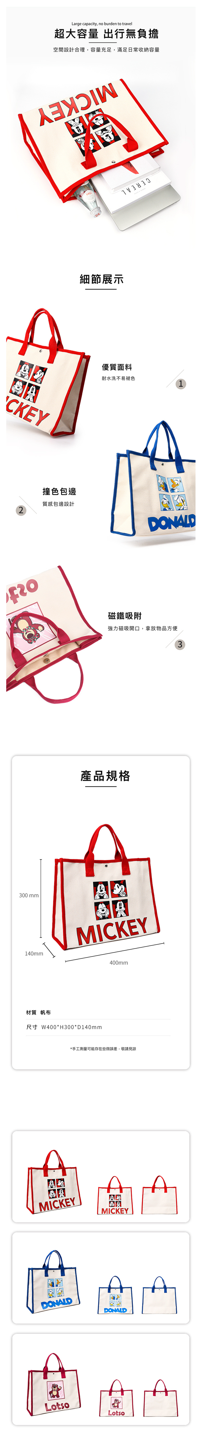 簡約帆布大容量托特包-卡通人物米奇-紅色 (30x40x14cm)
