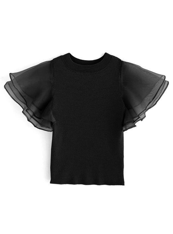 日本 GRL - 夢幻薄紗拼接圓領短袖上衣-天使白