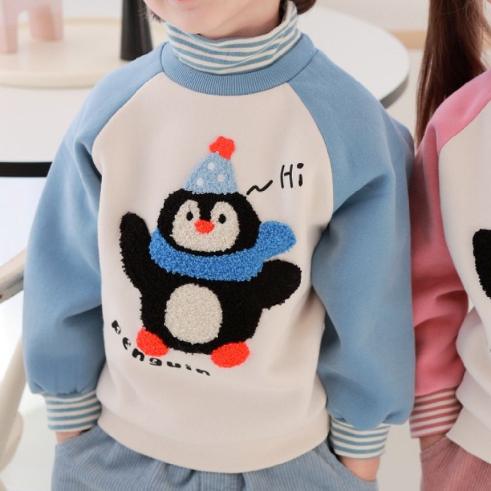 Coco rabbit (內磨毛)條紋高領長袖大學T-毛絨企鵝-天藍