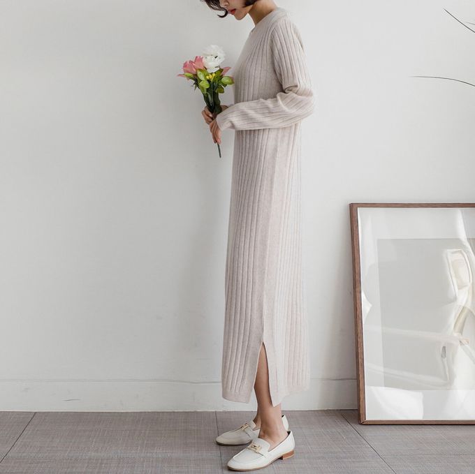 韓國女裝連線 - 喀什米爾羊毛針織連身洋裝-米杏 (FREE)