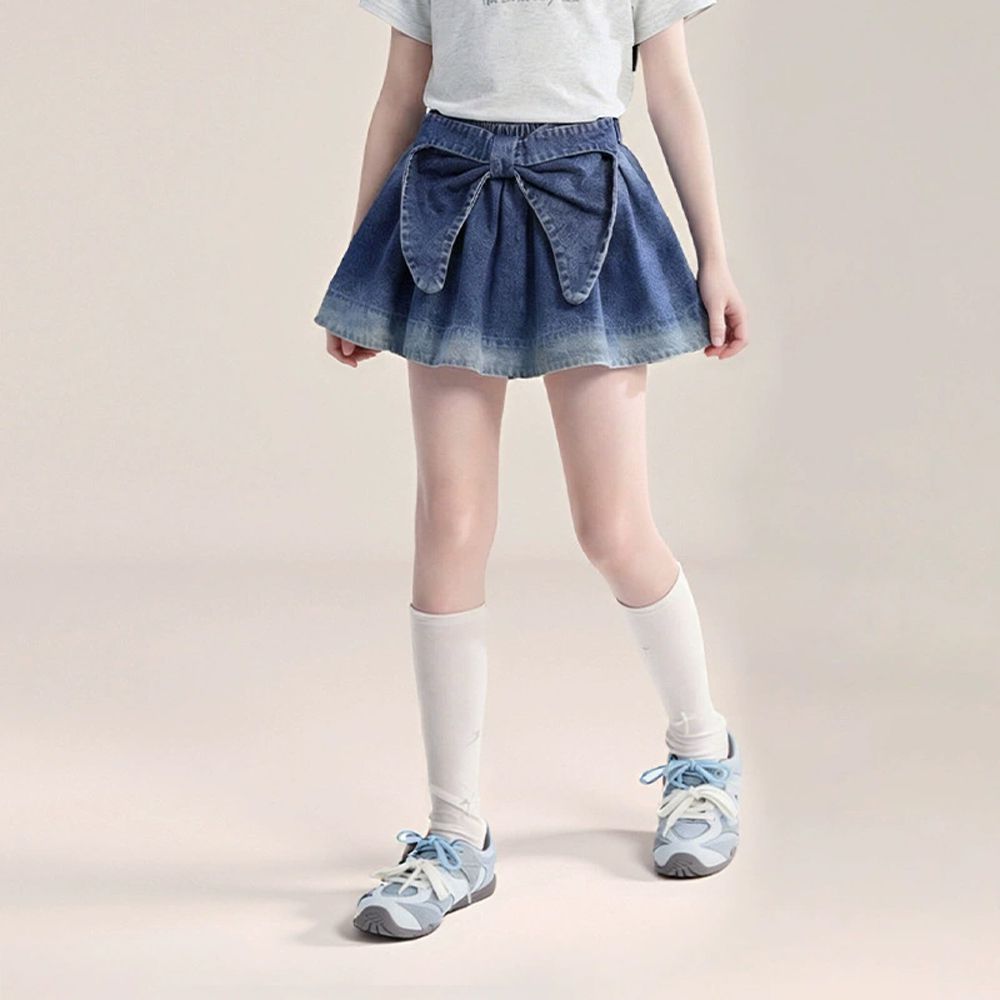 前後兩穿牛仔短裙-蝴蝶結-漸層藍