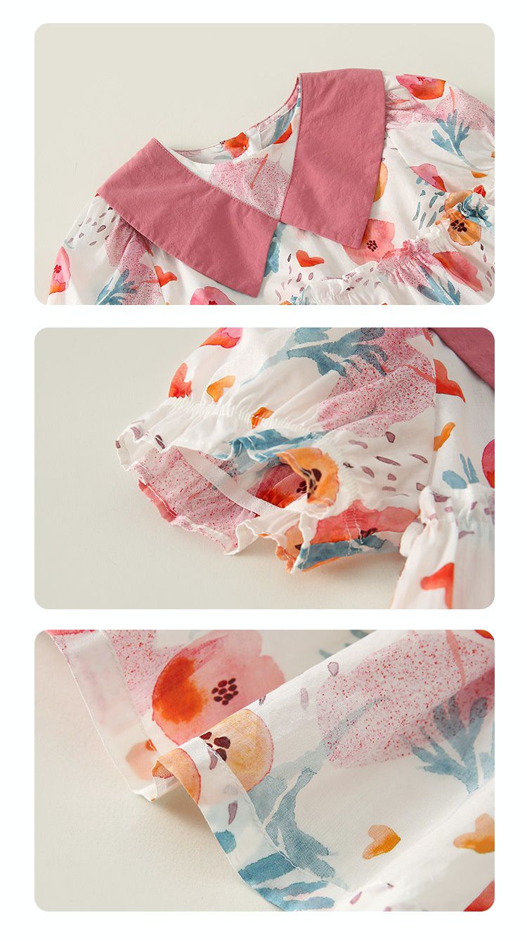 純棉公主袖連身洋裝-繽紛花花-粉+白