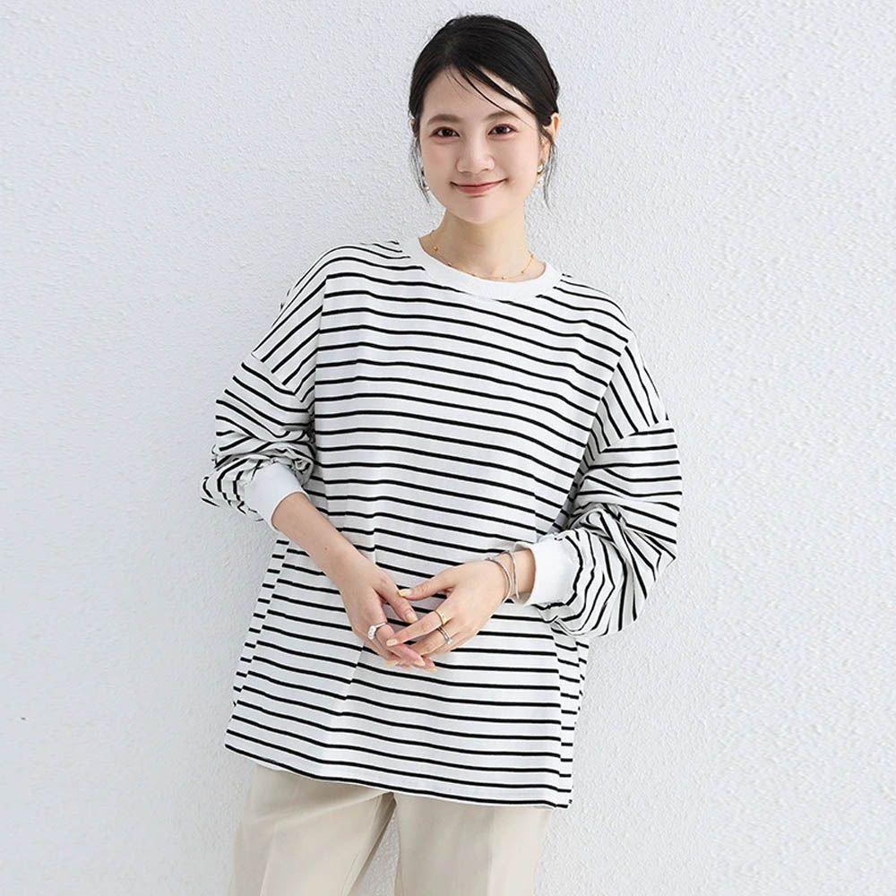 簡約休閒圓領落肩長袖上衣-白色條紋