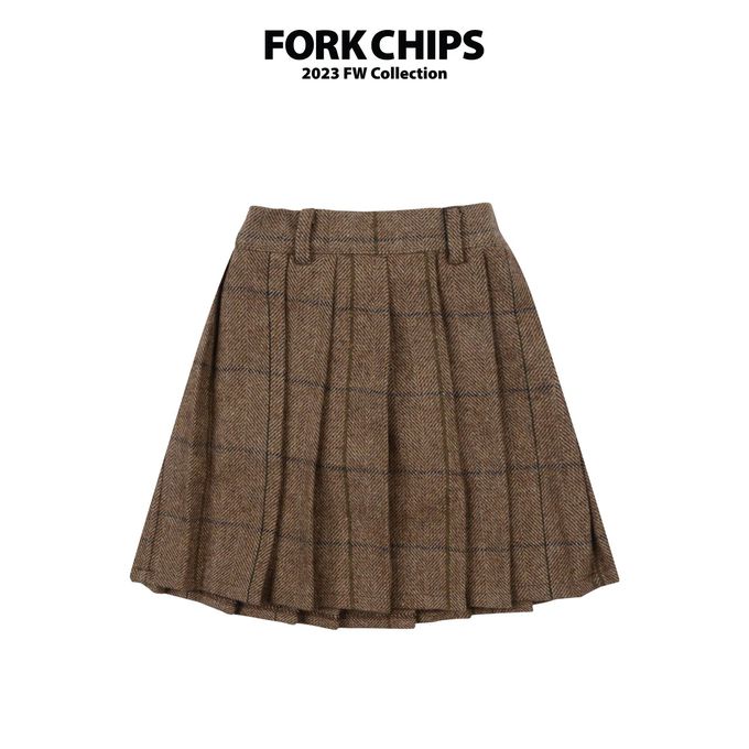 韓國 FORK CHIPS - 鬆緊腰混羊毛經典百褶及膝裙-咖啡棕