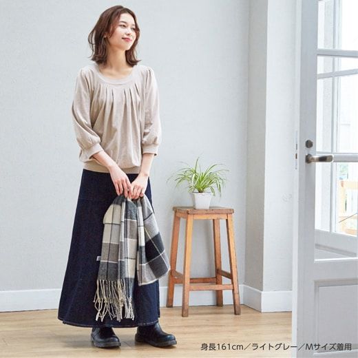 日本 BELLUNA - 100%棉柔軟抓皺長袖上衣-海軍藍