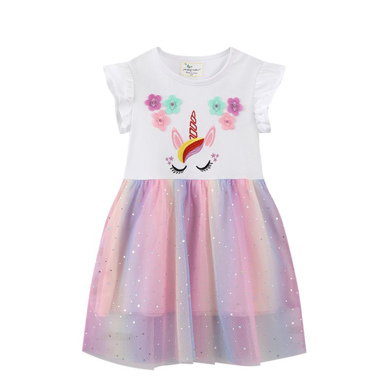 Jumping meters - 圓領小飛袖網紗洋裝-繽紛眨眼獨角獸-白色