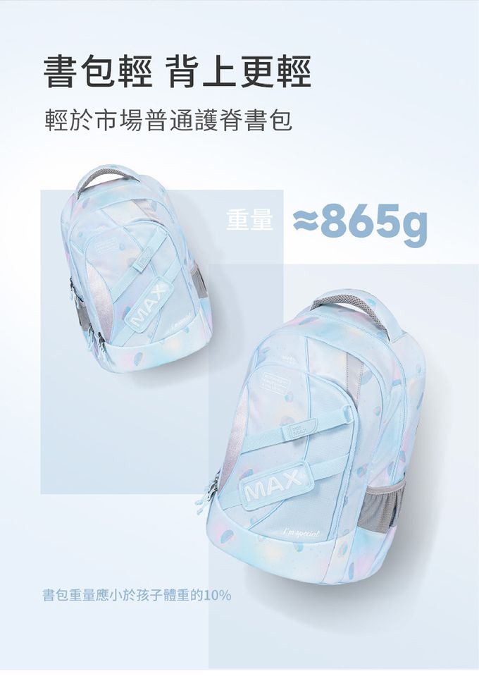 重量不到1KG，輕於市面普遍護脊書包，其減壓設計，實揹感受更輕巧