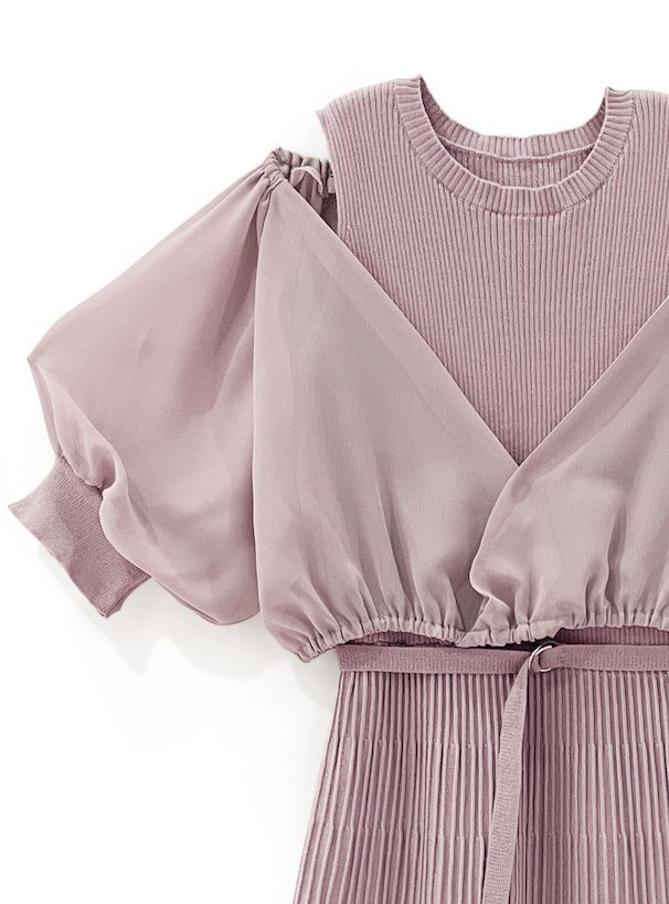 日本 GRL - 夢幻薄紗泡泡袖修身兩件式洋裝-淺米杏