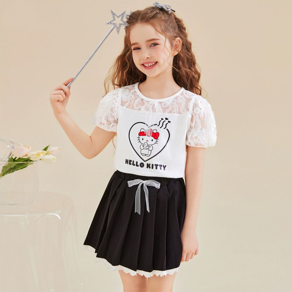 鏤空蕾絲短袖上衣+短裙套裝-卡通人物Hello Kitty-白色