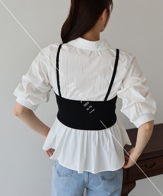 日本 BLUE EAST - 假二件俐落時尚疊穿五分袖上衣-黑x白