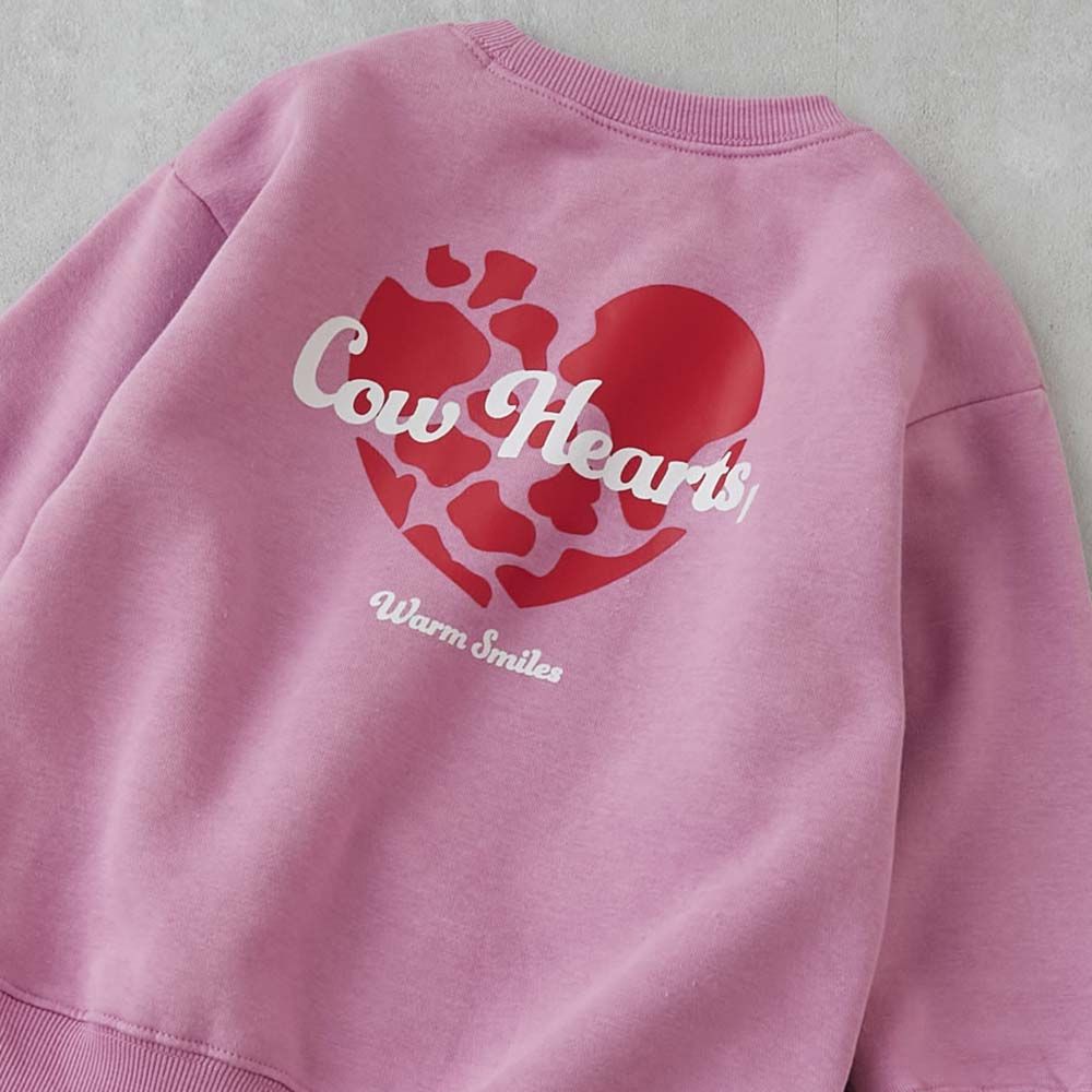 熱銷定番 裏起毛女孩印花大學長袖上衣-乳牛愛心-桃粉