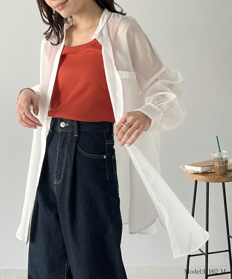 日本 Classical Elf - 優雅滾邊透膚感長袖襯衫-水藍