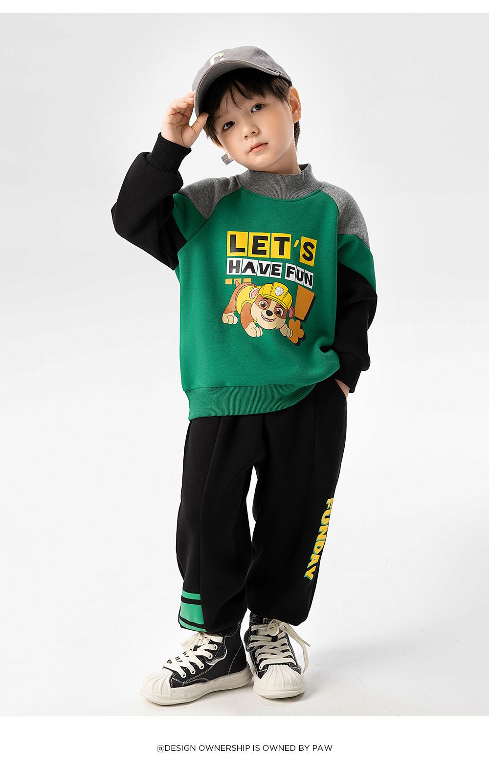 卡通汪汪隊加絨半高領長袖套裝-卡通人物阿奇-灰色