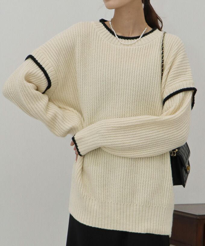 日本 BLUE EAST - 撞色滾邊落肩針織毛衣-米白