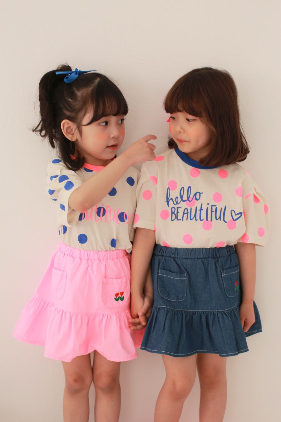 韓國 Dalla - 波點泡泡袖純棉T-粉紅波點