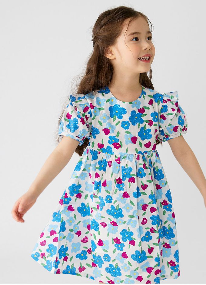 韓國 OZKIZ - 塗鴉花荷葉拼袖連身洋裝-灰藍