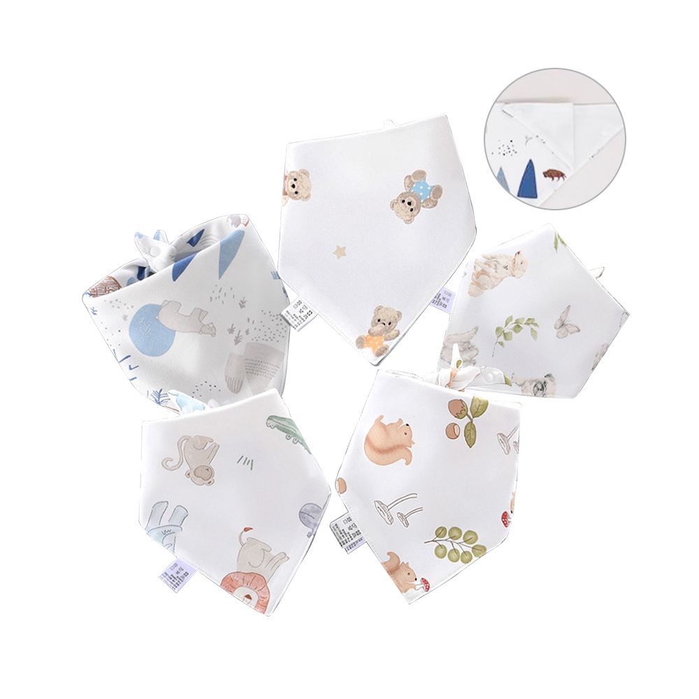 5條入-棉質三角巾 暗釦口水巾-動物線條(防水款)-45*34*34cm