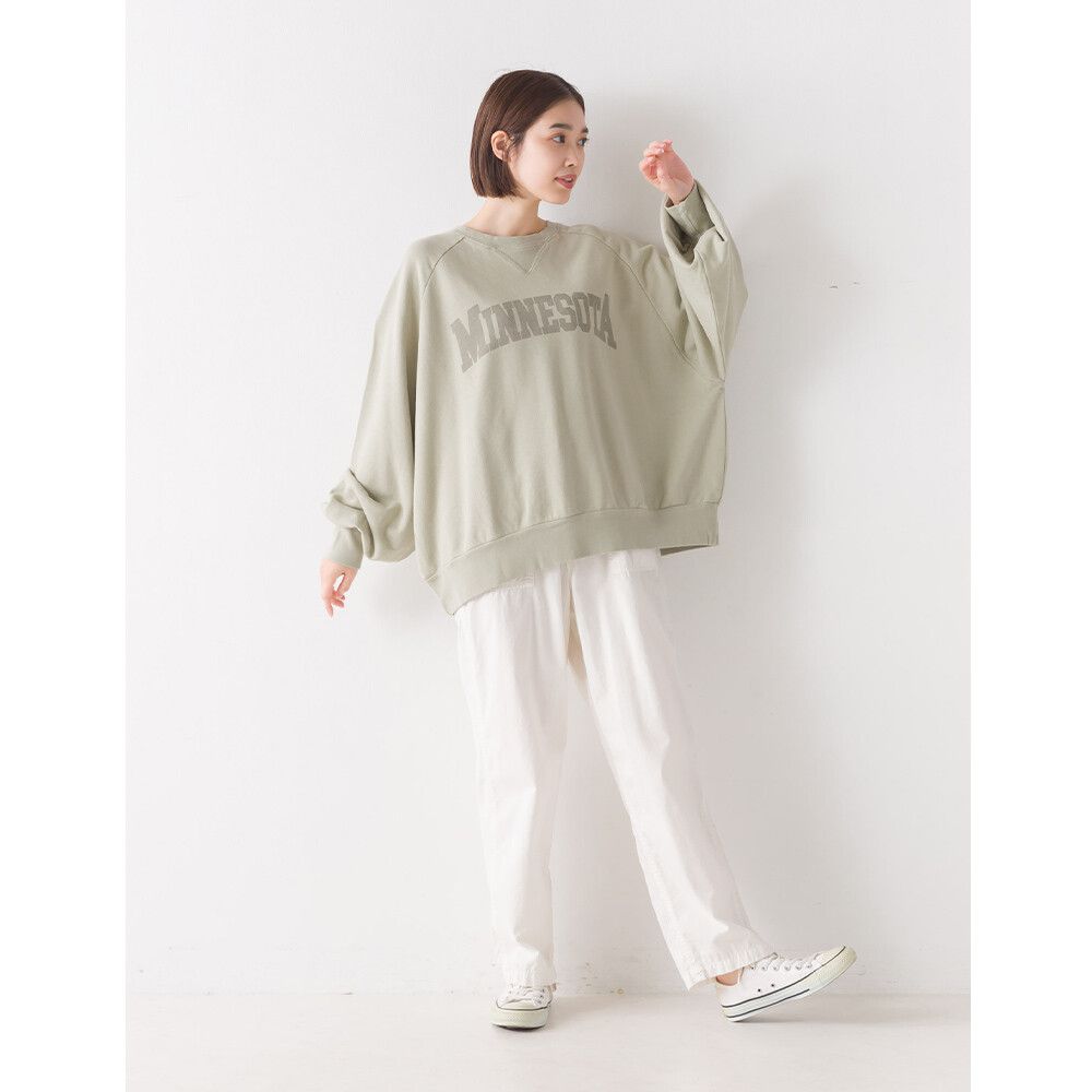 日本 OMNES - 100棉 圓領寬鬆長袖大學T-英文LOGO-淺米杏