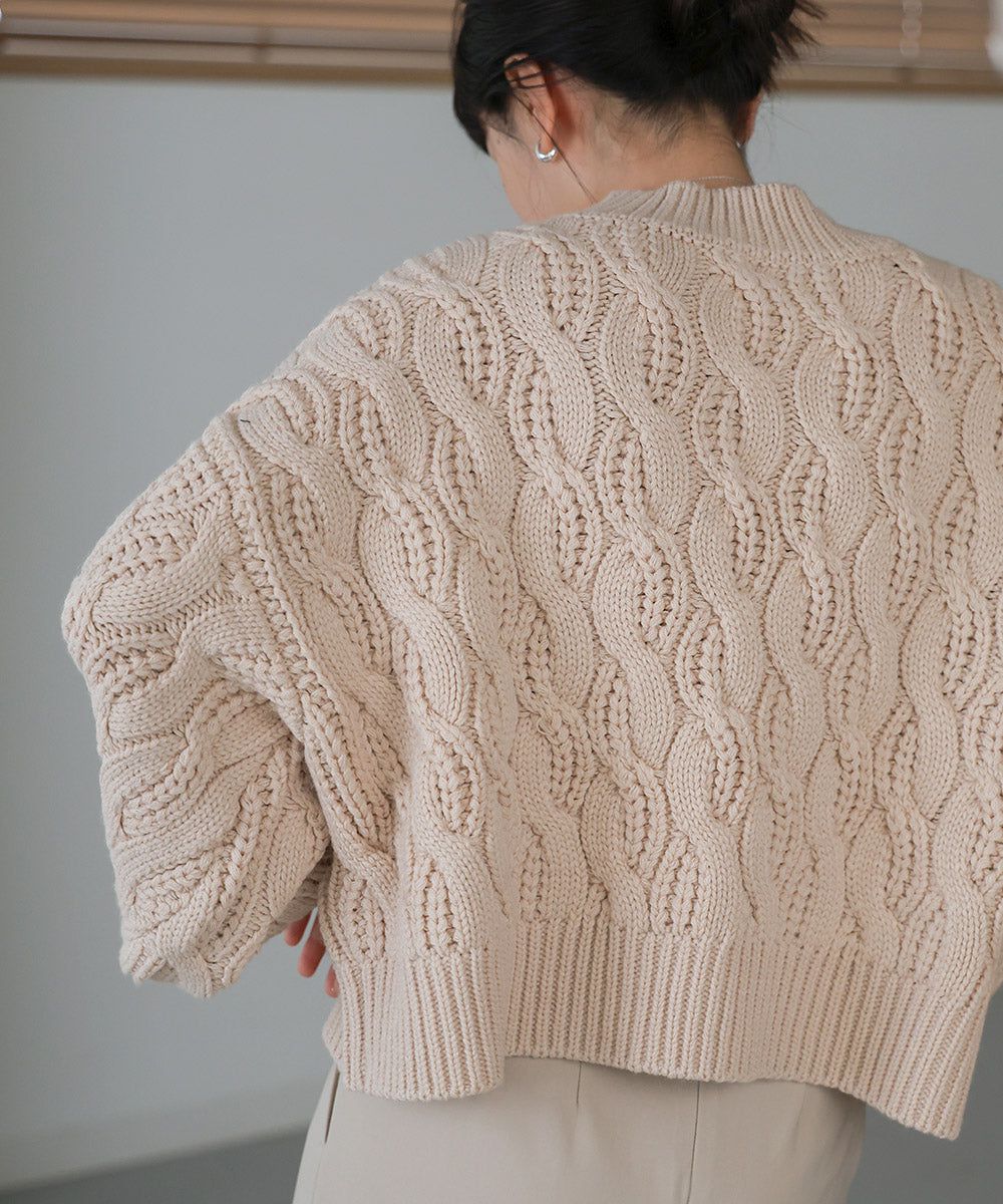 日本 Bab - 麻花編織圓領泡泡袖毛衣-粉膚