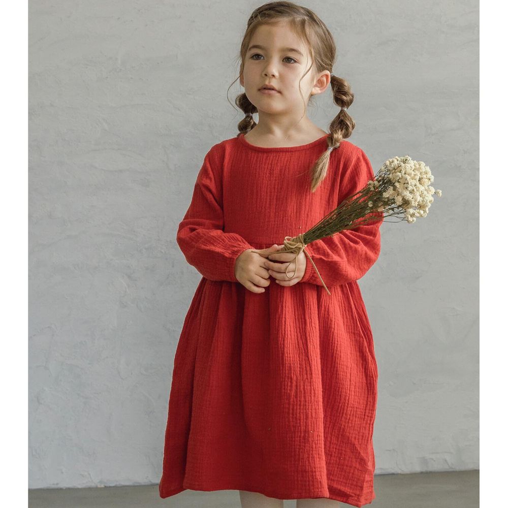 日本 PAIRMANON - 透氣二重紗 簡約薄長袖洋裝-孩子-洋紅