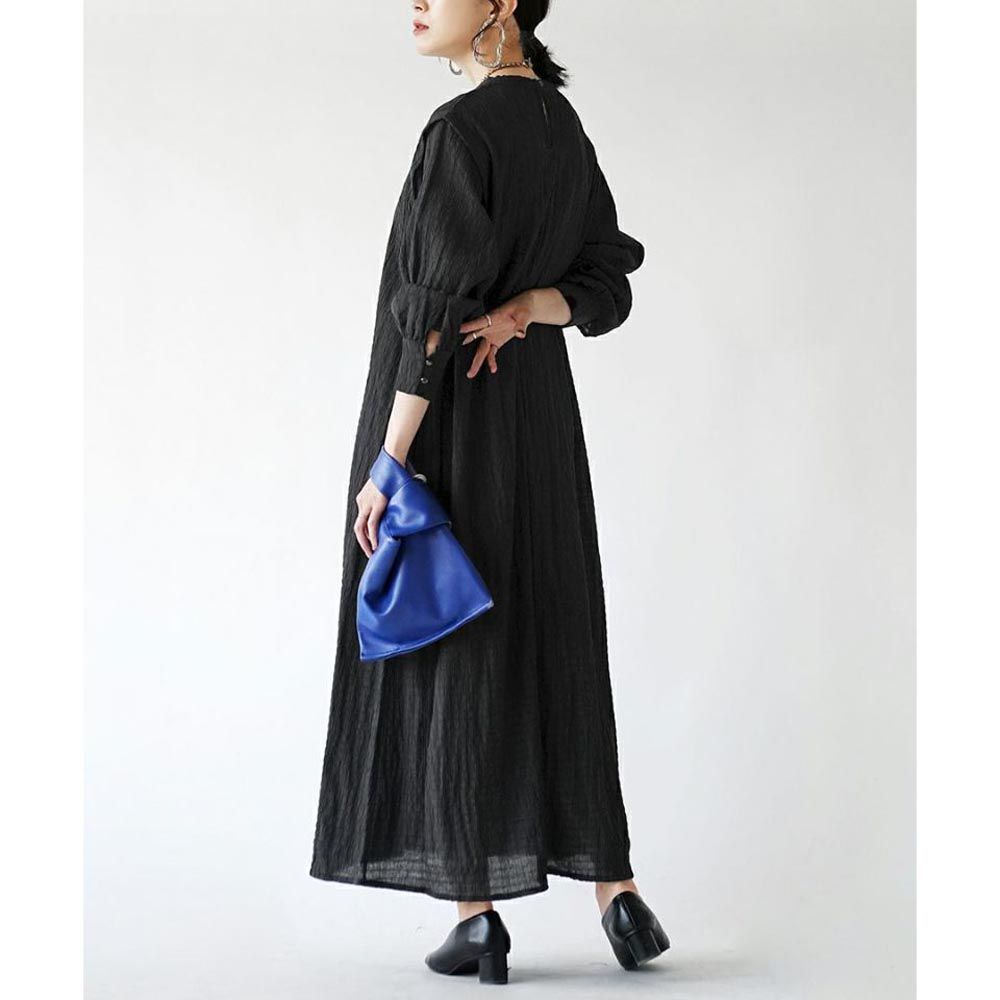 日本 zootie - 輕薄俐落感皺褶長袖洋裝-黑
