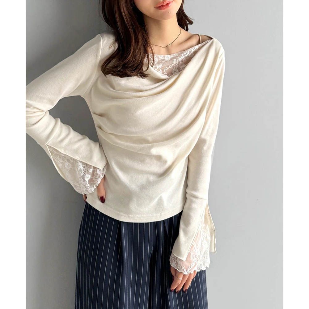 蕾絲皺摺美型喇叭袖上衣-象牙