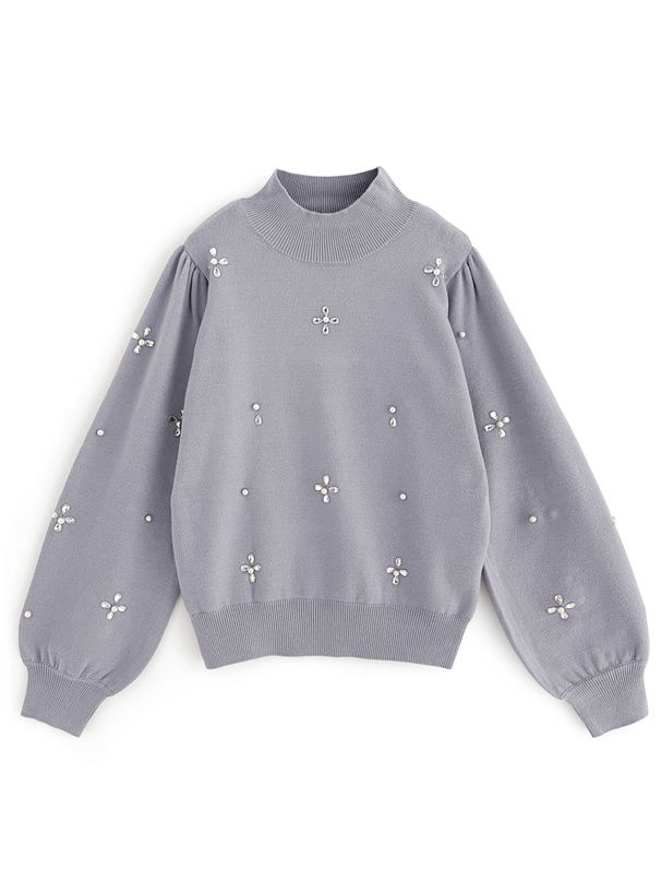 日本 GRL - 氣質花朵閃耀針織上衣-水藍 (F)