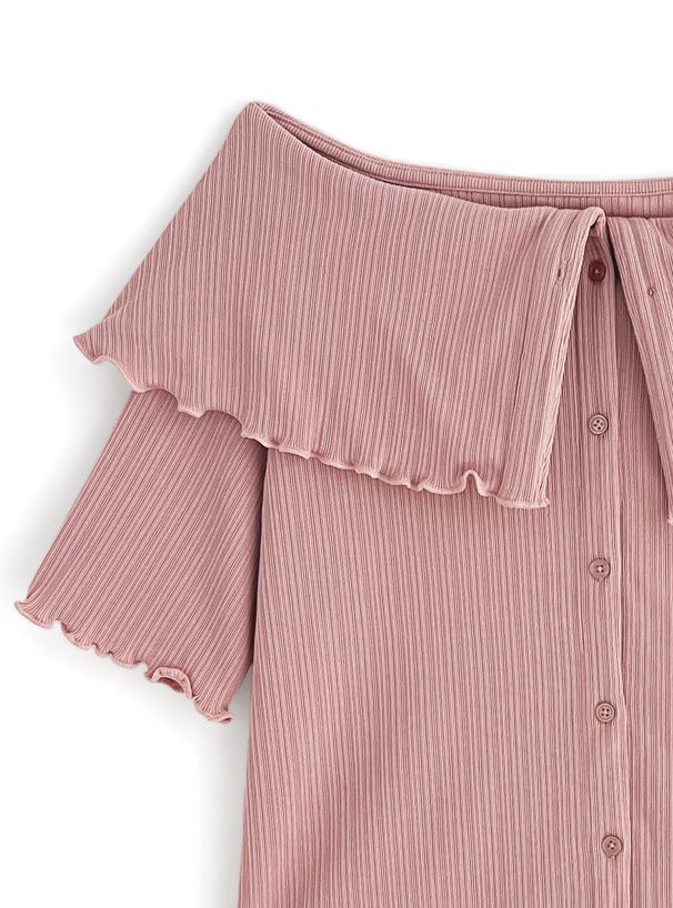 日本 GRL - 木耳捲邊翻領五分袖上衣-黑 (F)