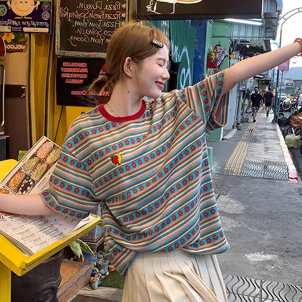 設計款圓領短袖上衣/T恤-花朵條紋-紅色 (F)