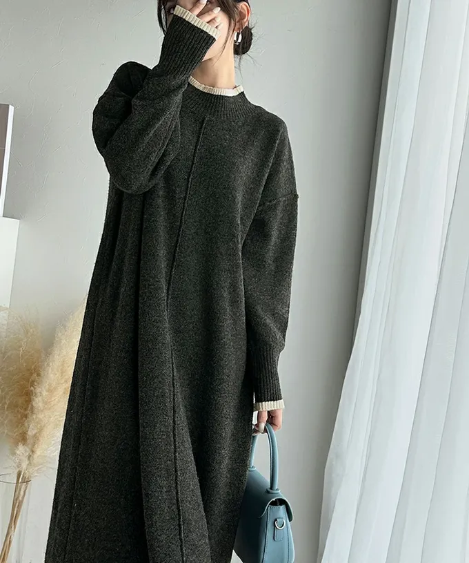 日本 Classical Elf - 溫暖滾邊小立領優雅針織長袖洋裝-黑