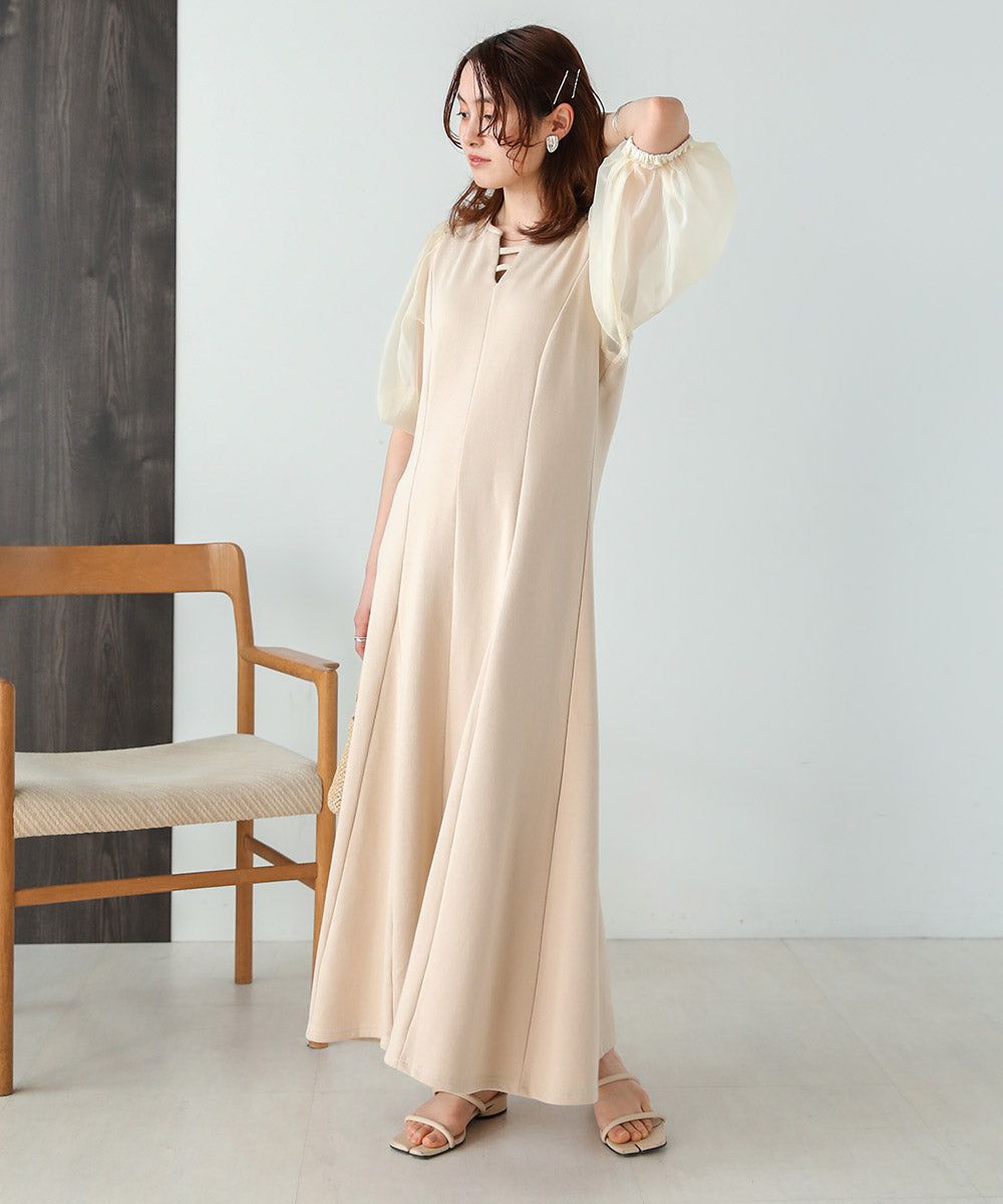 日本 Bab - 浪漫薄紗拼接泡泡袖洋裝-米杏